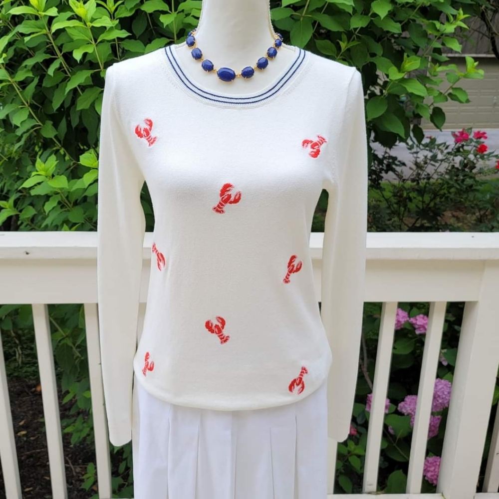 New! J.Crew Sz S Lobster Crewneck Cotton White Pullover Sweater Top NWT - Picture 1 of 5